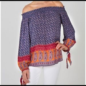 Beach Lunch Lounge Boho Blue Pink and Orange Paisley Ruffle Top Size S